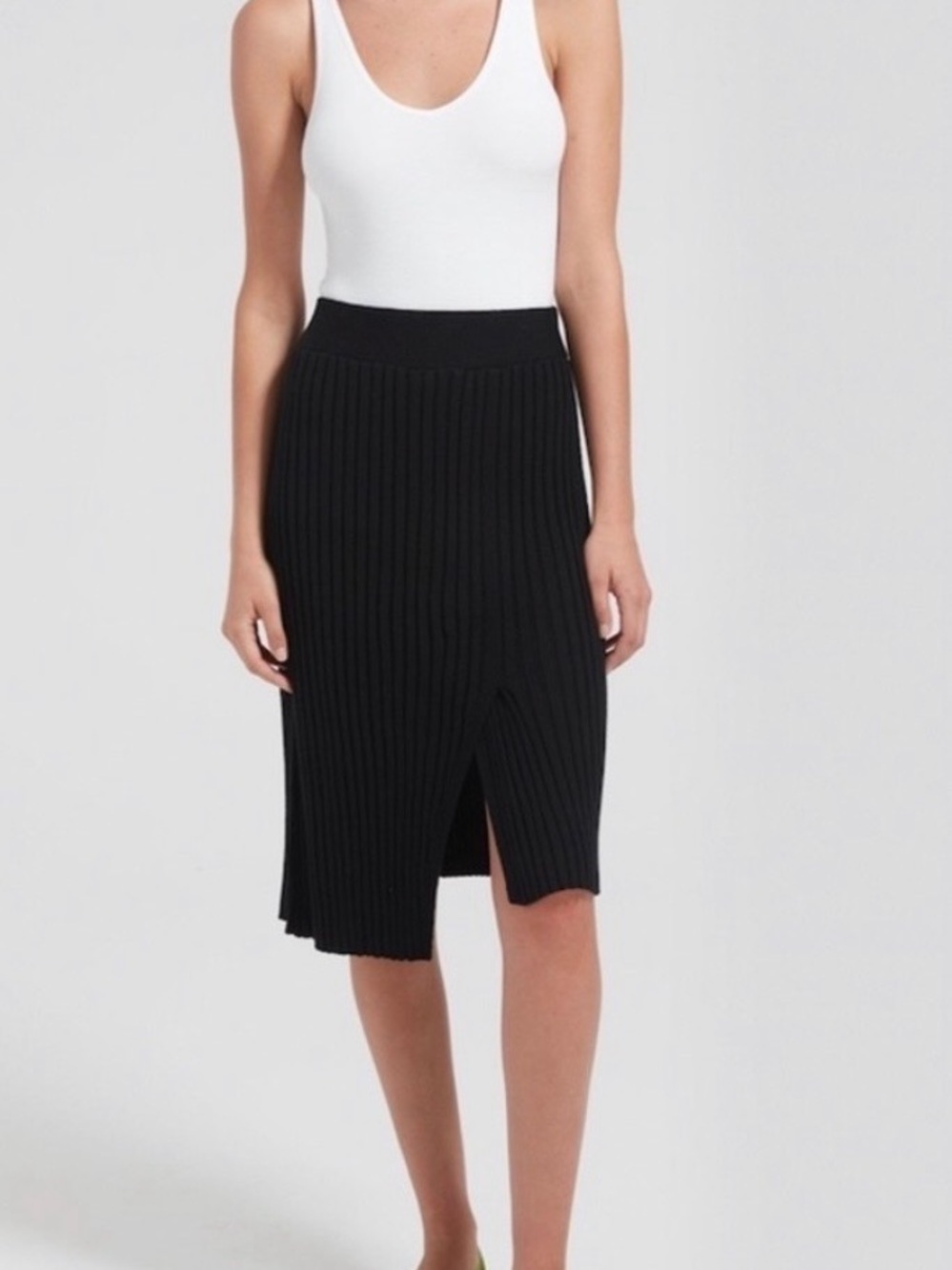 ATM Anthony Thomas Melillo Black Ribbed Midi Skirt with Center Slit